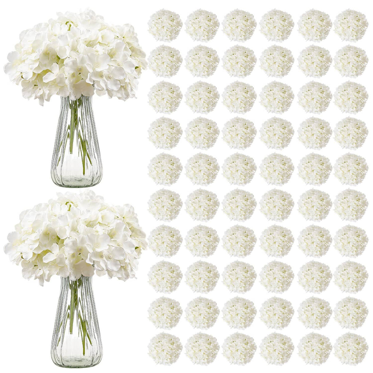 Artificial white hydrangea flower bouquet set in clear glass vase, with matching bloom heads