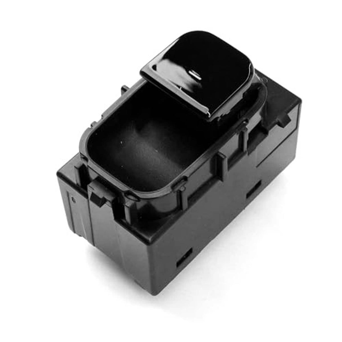 Black power window switch module with protective frame and raised rocker