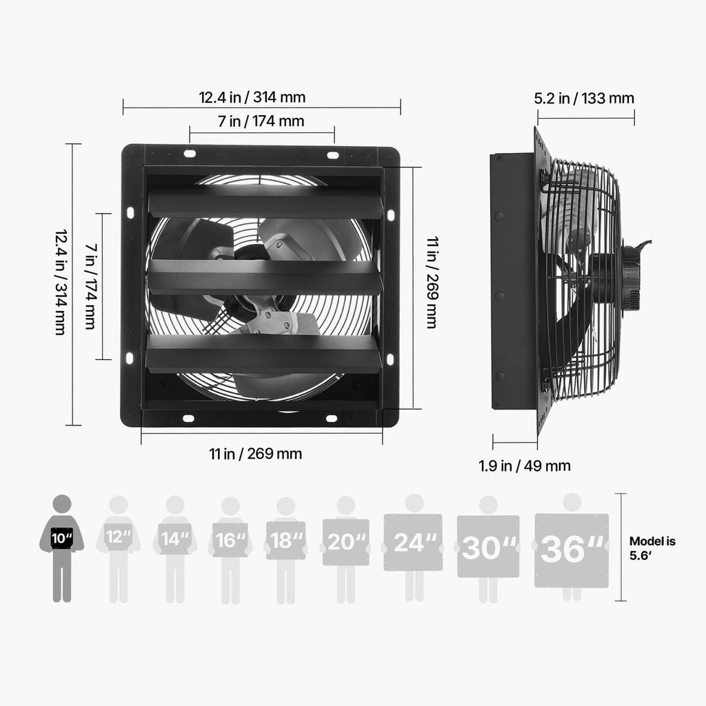 Wall-mount shutter exhaust fan dimension diagram with front and side profile