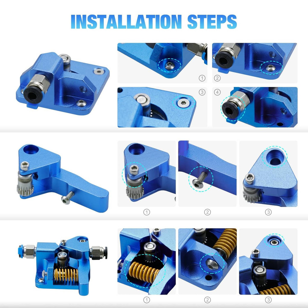 Blue dual-gear extruder assembly shown during installation with connectors and bolts