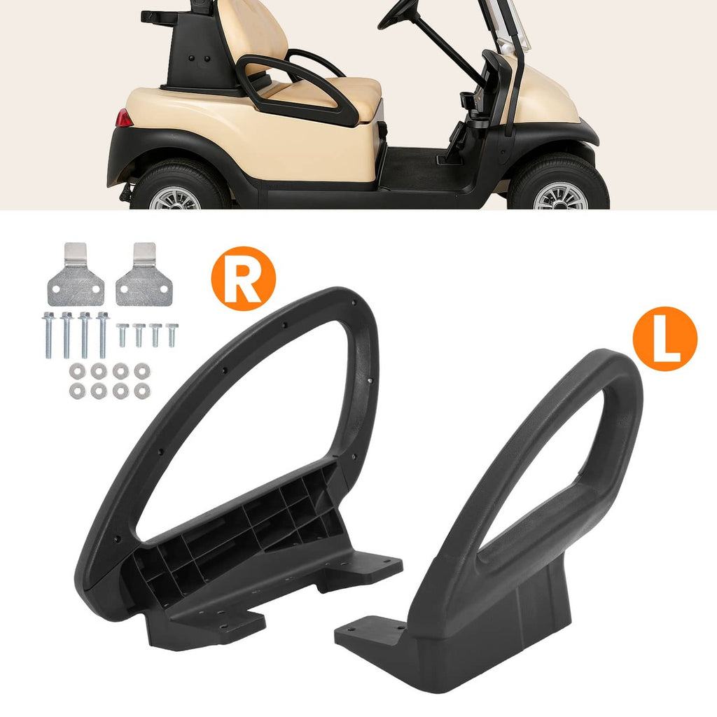 Black hip restraint handles with mounting bases for vehicle seat, marked L and R