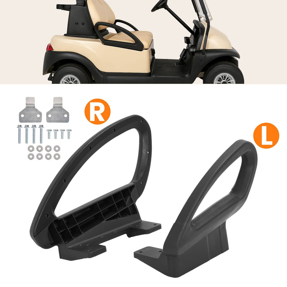 Black hip restraint handles with mounting bases for vehicle seat, marked L and R