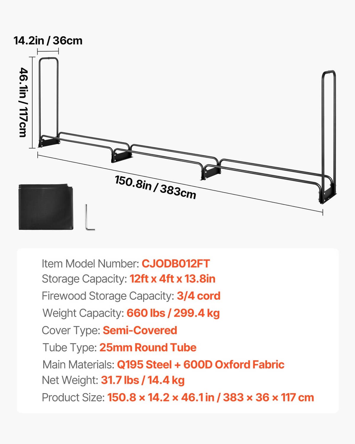 Outdoor firewood rack with black cover and metal frame, filled-capacity style view