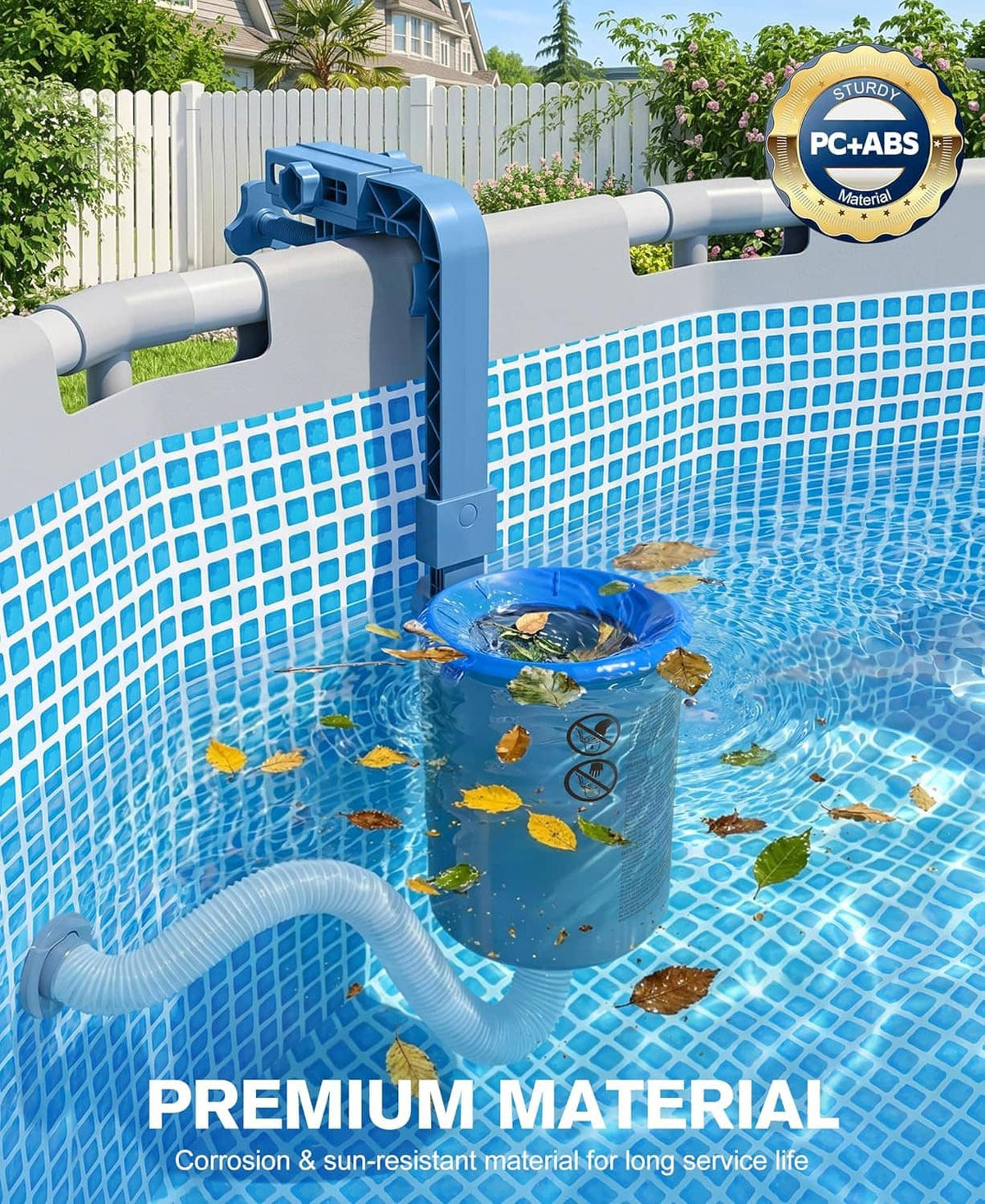 Above-ground pool skimmer wall mount with blue debris basket and flexible hose outlet