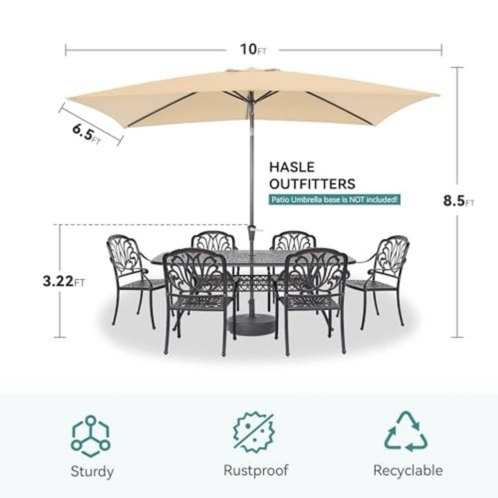 Beige rectangular patio umbrella with black center pole and wide shade top