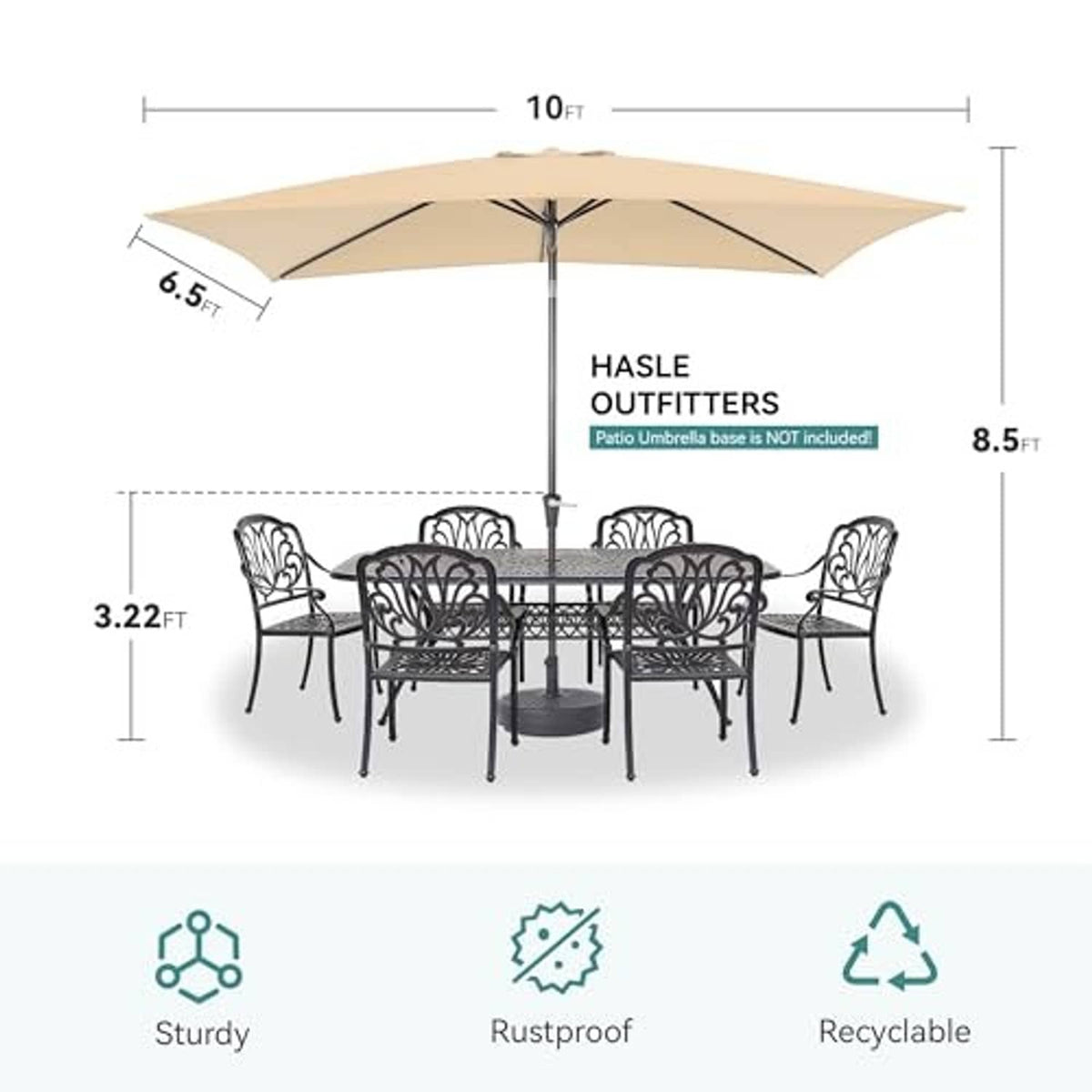 Beige rectangular patio umbrella with black center pole and wide shade top