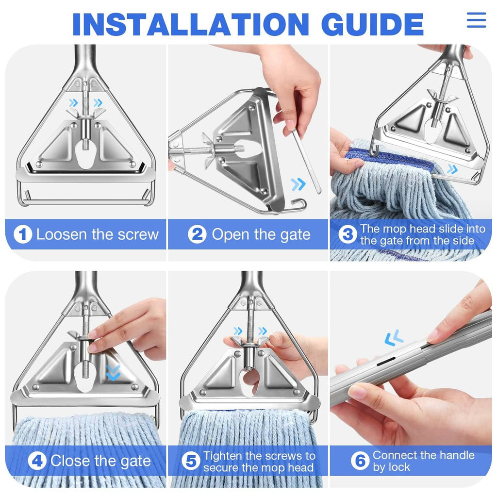 Mop head attachment installation guide with metal frame and blue microfiber pad