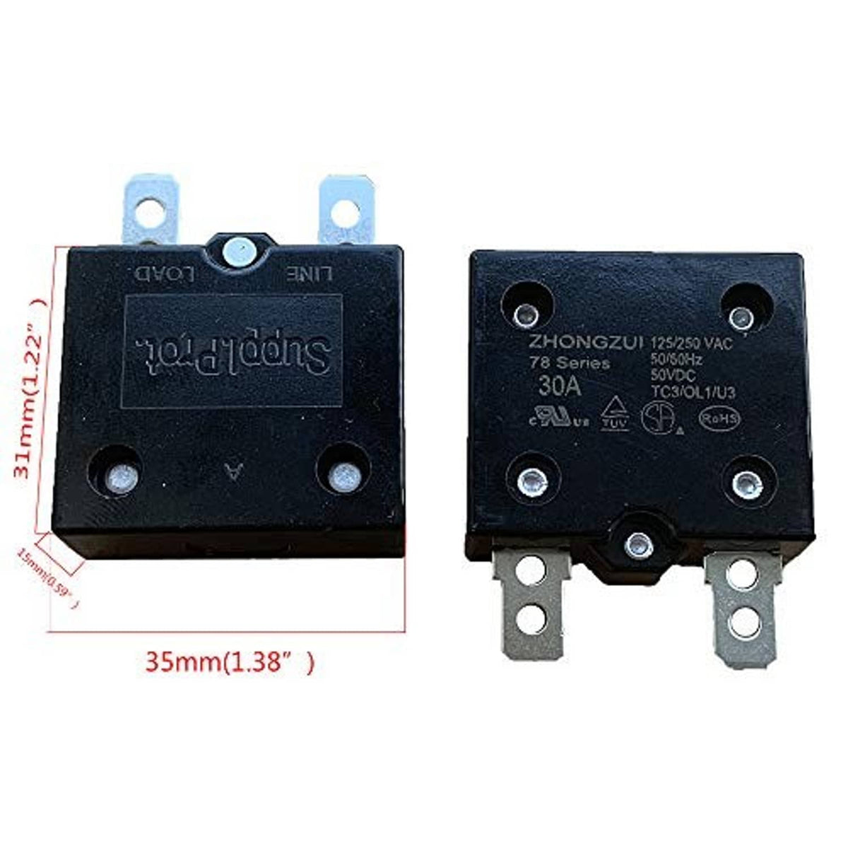 Black relay fuse thermal switch labeled, ~35mm x 31mm with 4 terminal pins