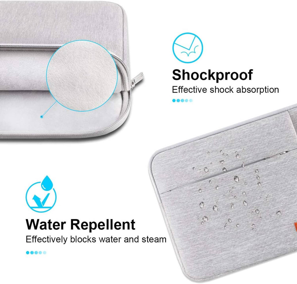 Light gray laptop sleeve case corner with zipper, padded edge, and water-repellent surface