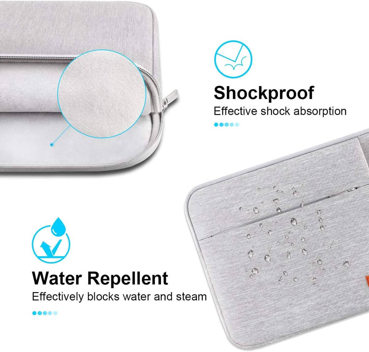 Light gray laptop sleeve case corner with zipper, padded edge, and water-repellent surface