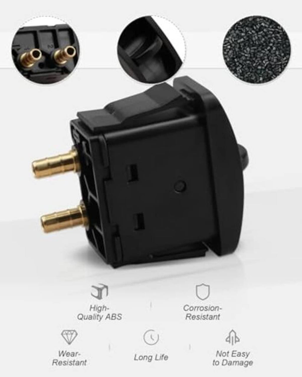 Black manual paddle valve switch with two side brass connectors and ABS build.