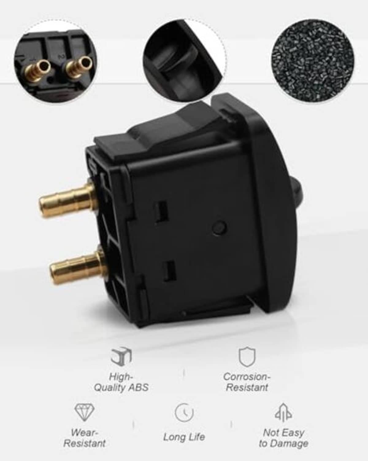 Black manual paddle valve switch with two side brass connectors and ABS build.
