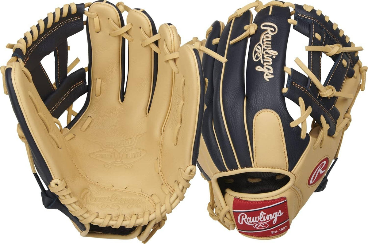 Youth baseball glove pair, tan and navy web with Rawlings branding on pocket