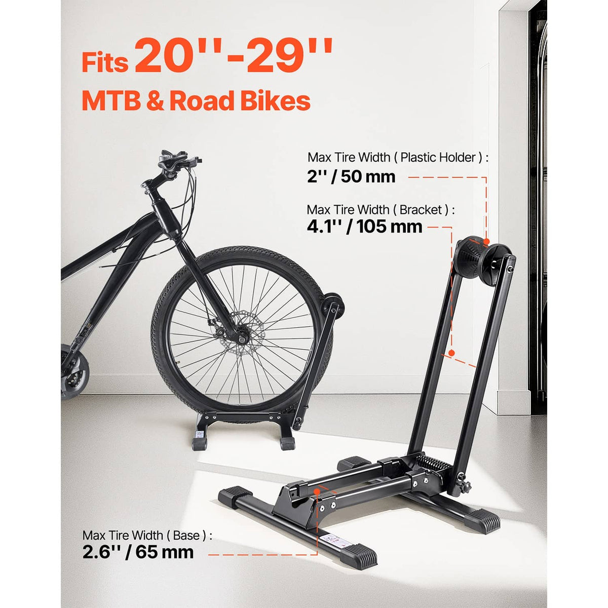 Collapsible bicycle stand holding a bike front wheel with adjustable tire brackets