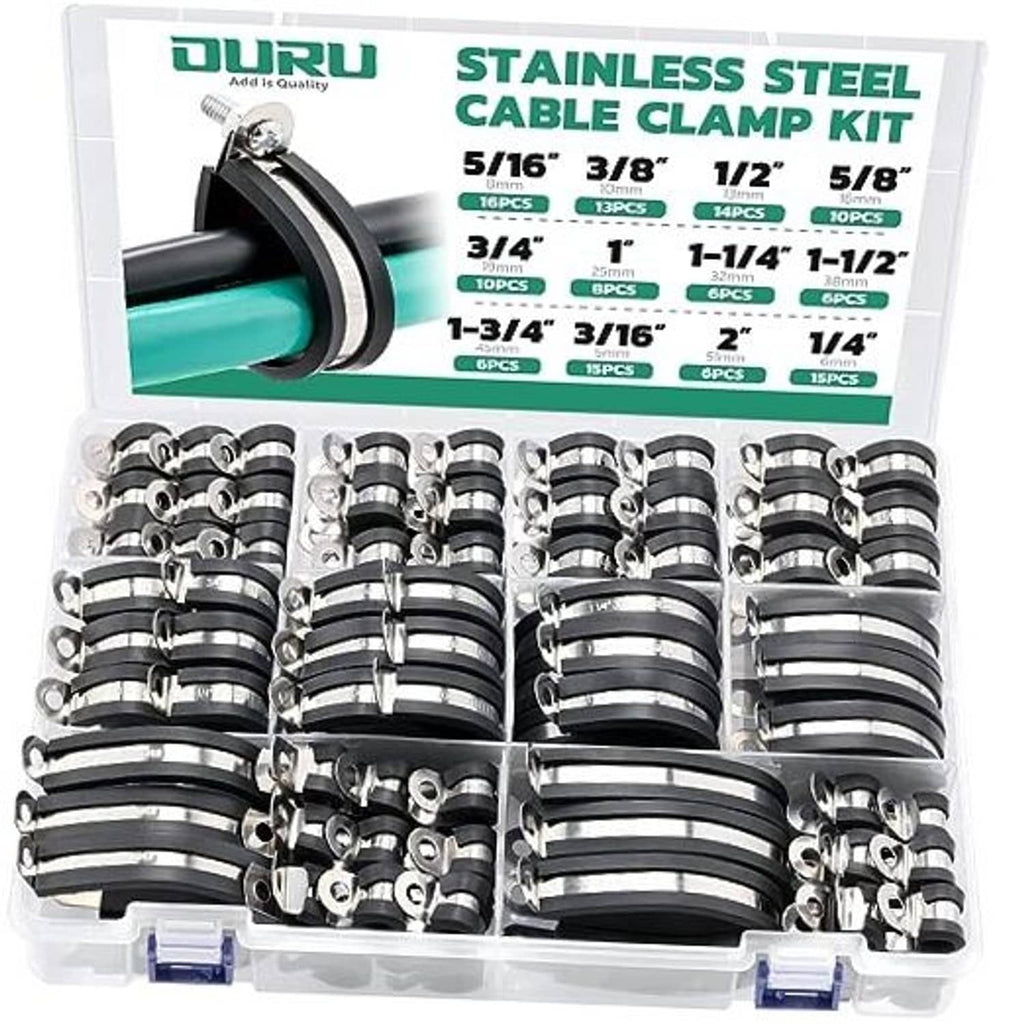 Stainless steel cable clamp kit with rubber-coated U-bands and mixed sizes in a case