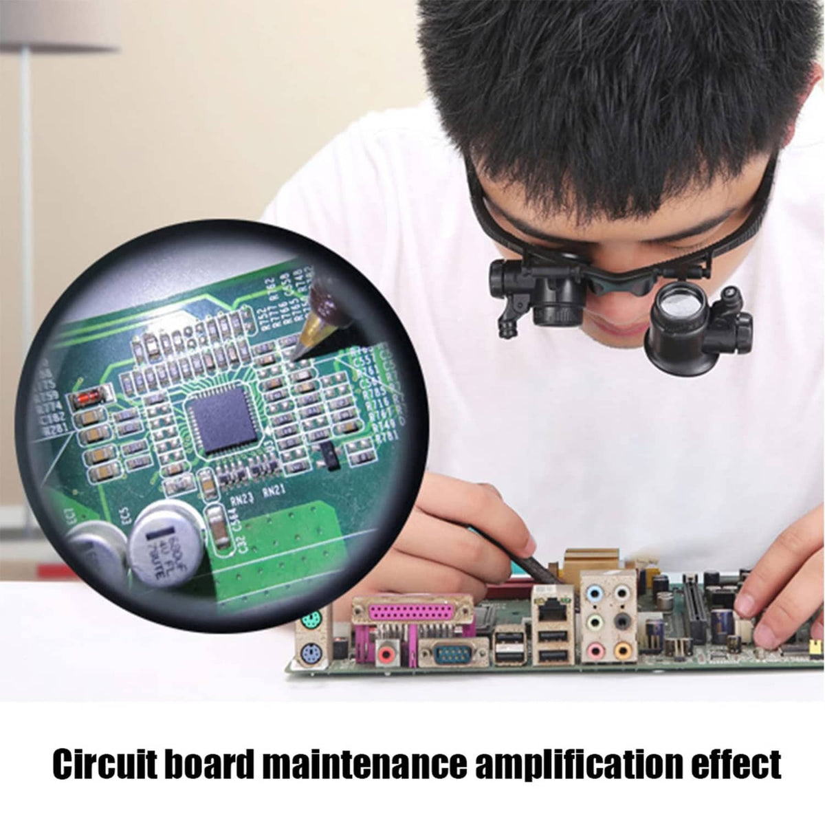 LED magnifying glasses worn while inspecting a green circuit board