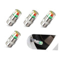 Chrome tire valve caps with green and red colored ring inserts, four-pack