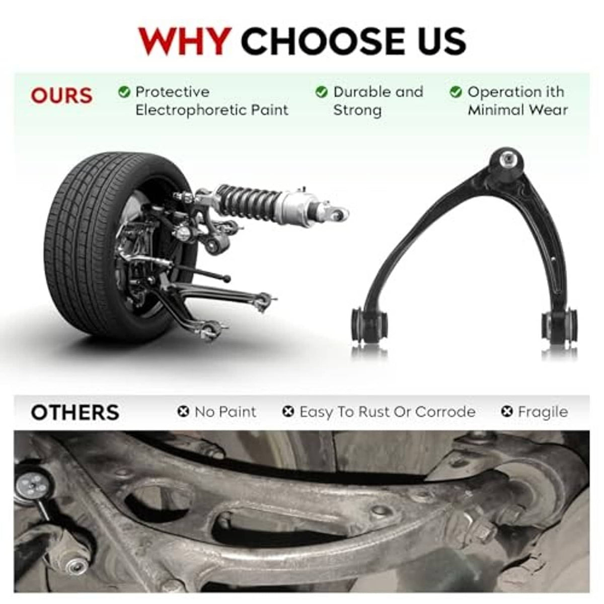 Front upper control arm shown with protective coating and durable steel body; infographic.