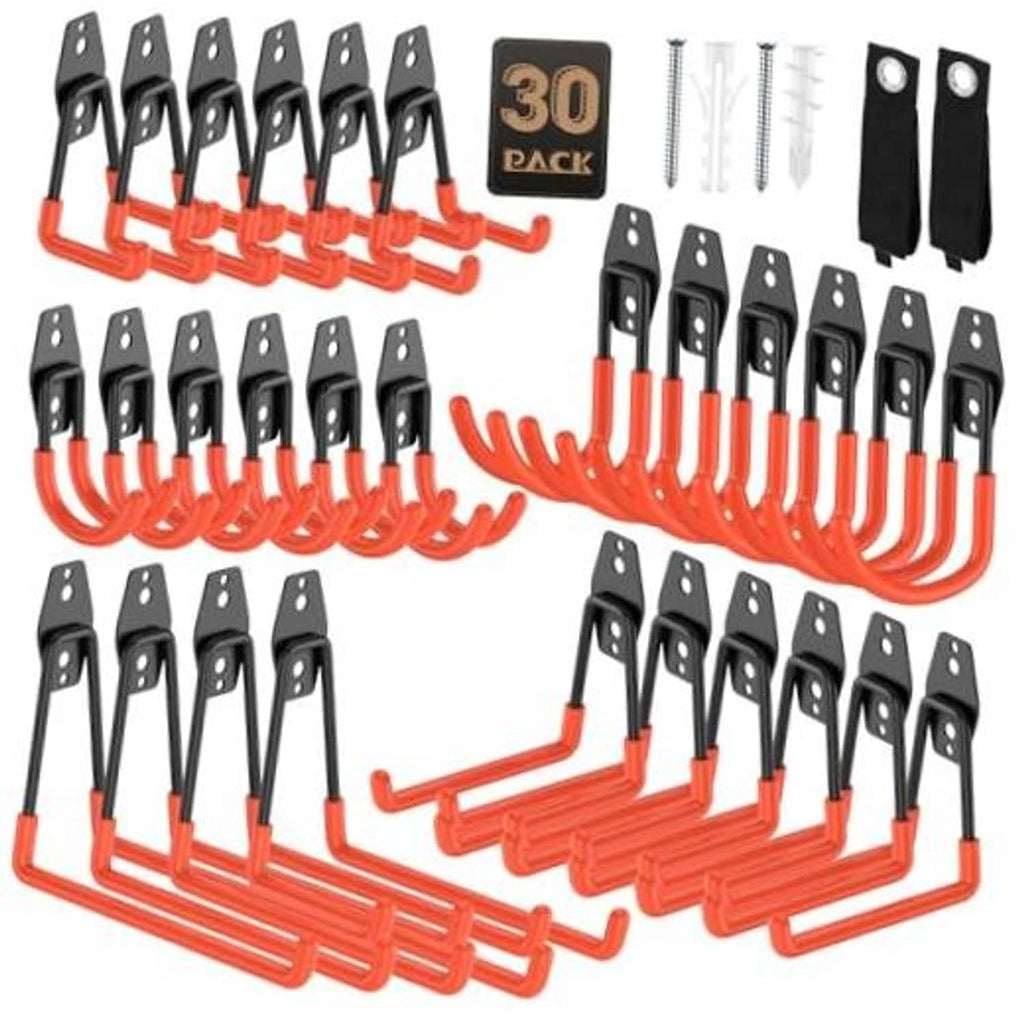 30-pack garage wall hooks with black mounting plates and orange J hooks