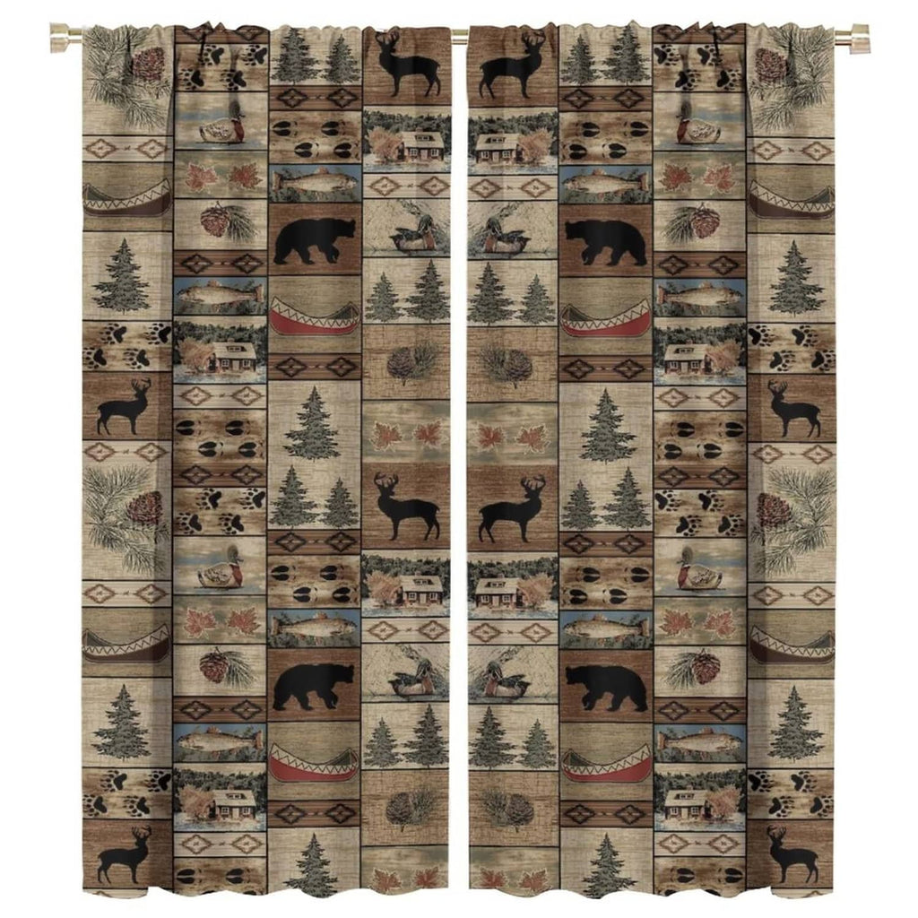 Rustic moose and forest patterned curtain panel with rod pocket and hanging loops