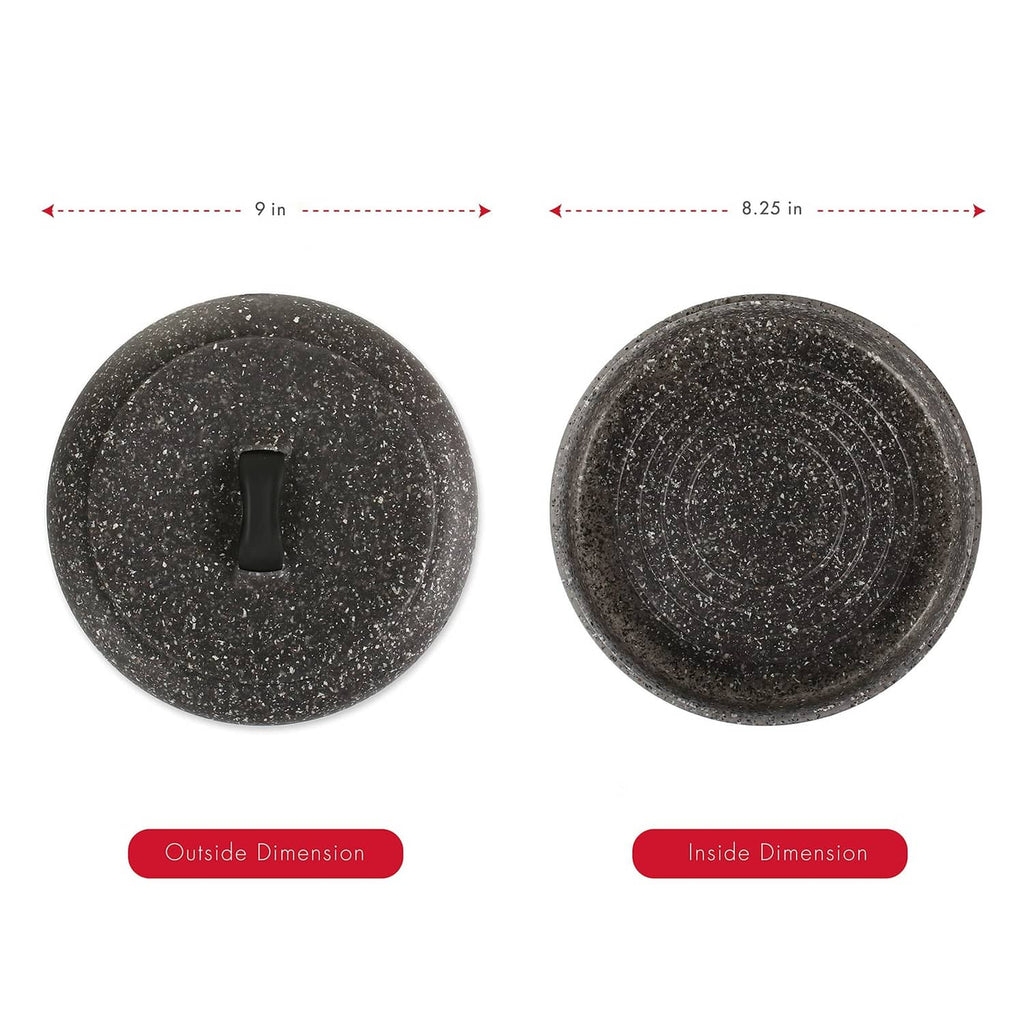 Granite-pattern tortilla warmer dimensions shown: lid (9 in) and base (8.25 in)