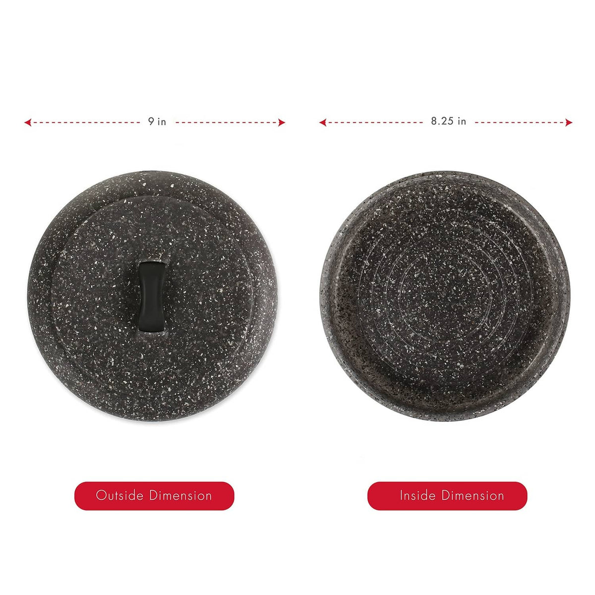 Granite-pattern tortilla warmer dimensions shown: lid (9 in) and base (8.25 in)