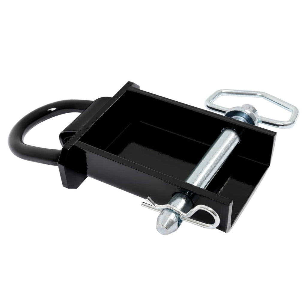 Removable trailer stake pocket D-ring tie down, black base with silver hardware and latch