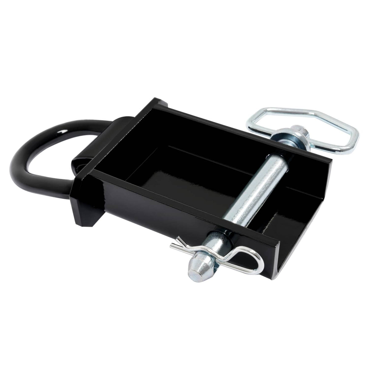 Removable trailer stake pocket D-ring tie down, black base with silver hardware and latch