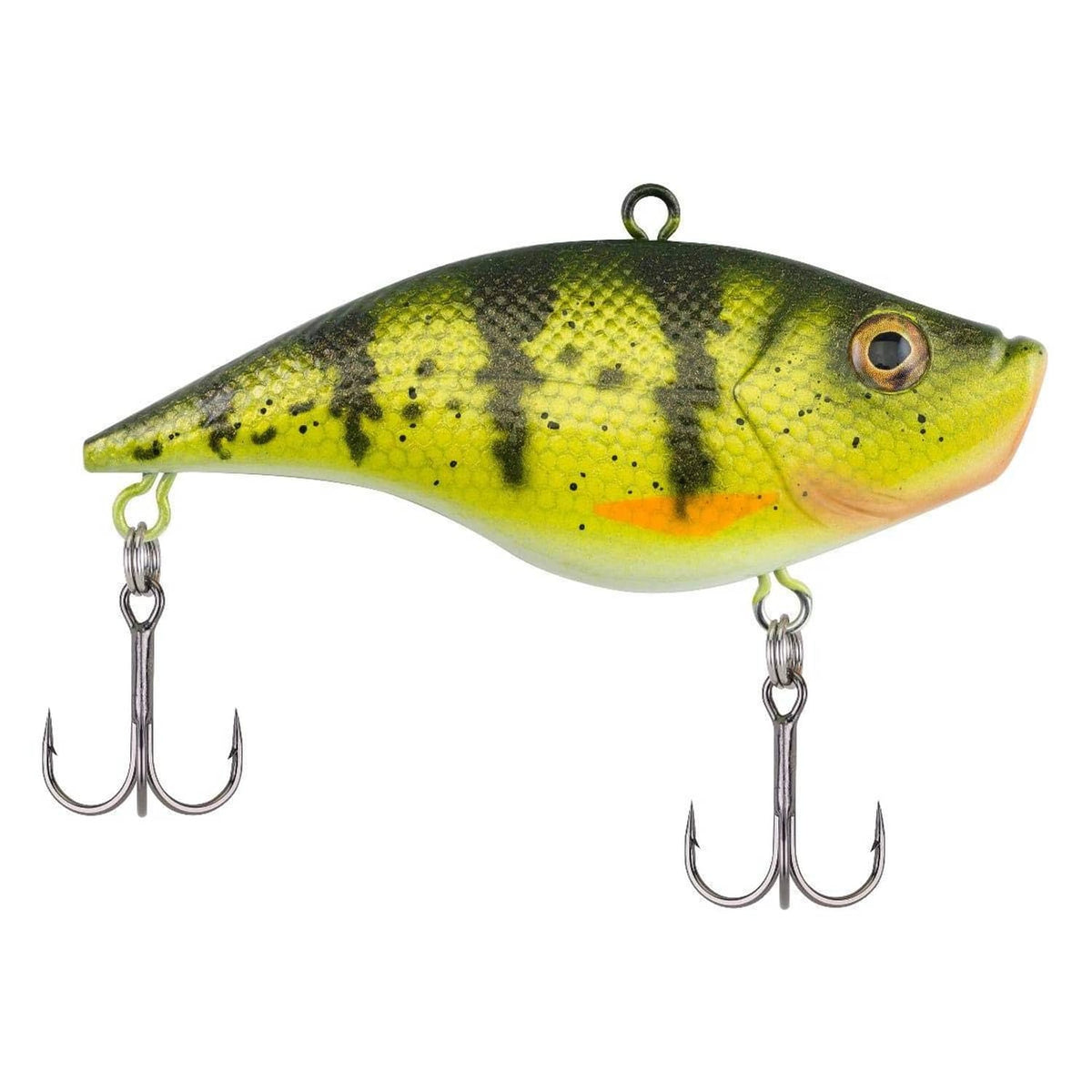 Green-yellow perch-marked crankbait lure with two treble hooks and metal rings