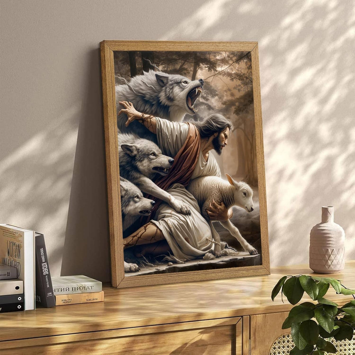 Framed Jesus and lamb canvas wall art leaning on a console with books and decor