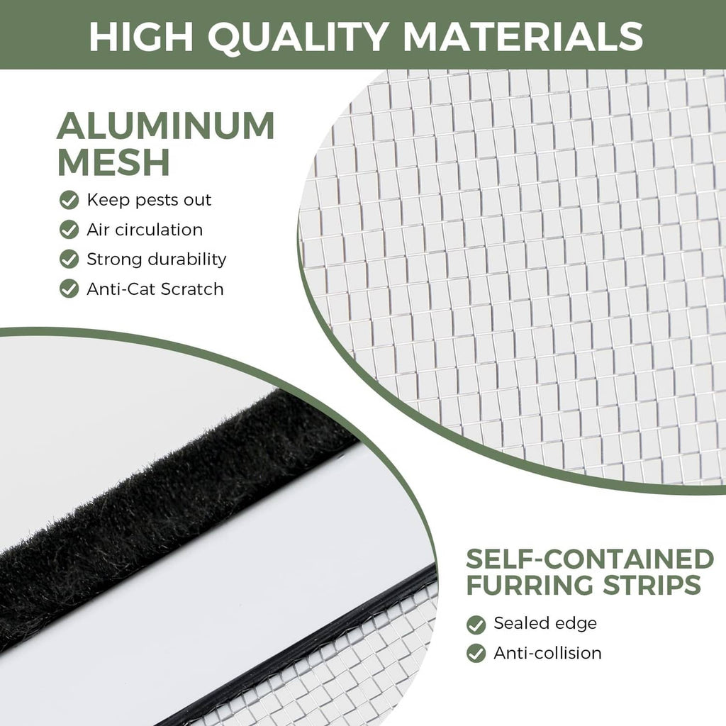Aluminum mesh window screen with white-grey grid and sealed black fastening strips