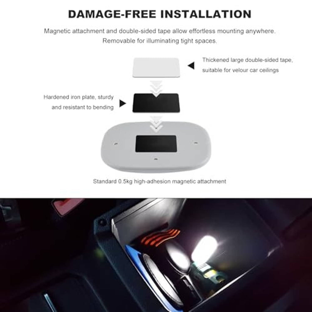 Gray magnetic car dome LED light shining in a car storage area