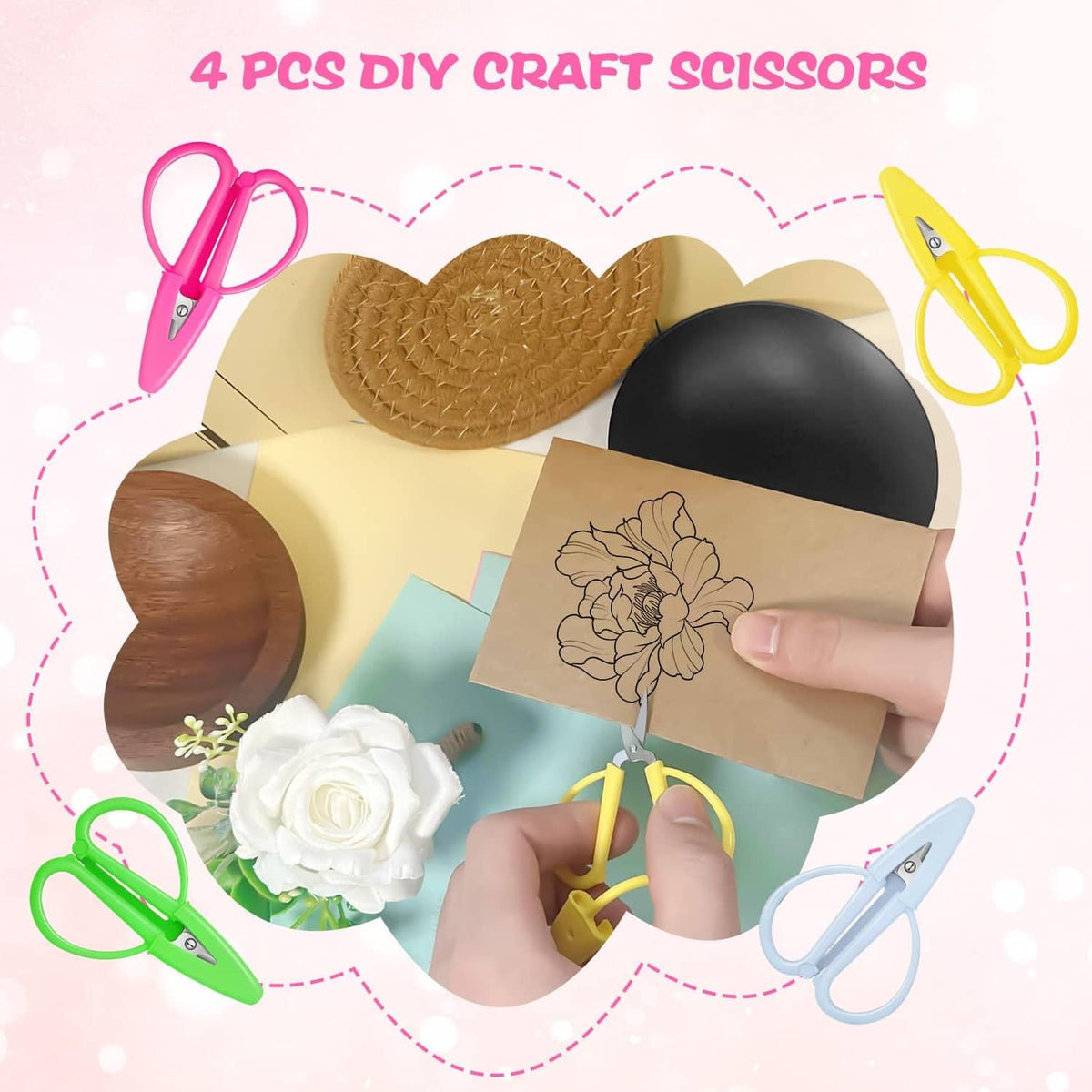 Four mini DIY scissors with colored loop handles and stainless blades