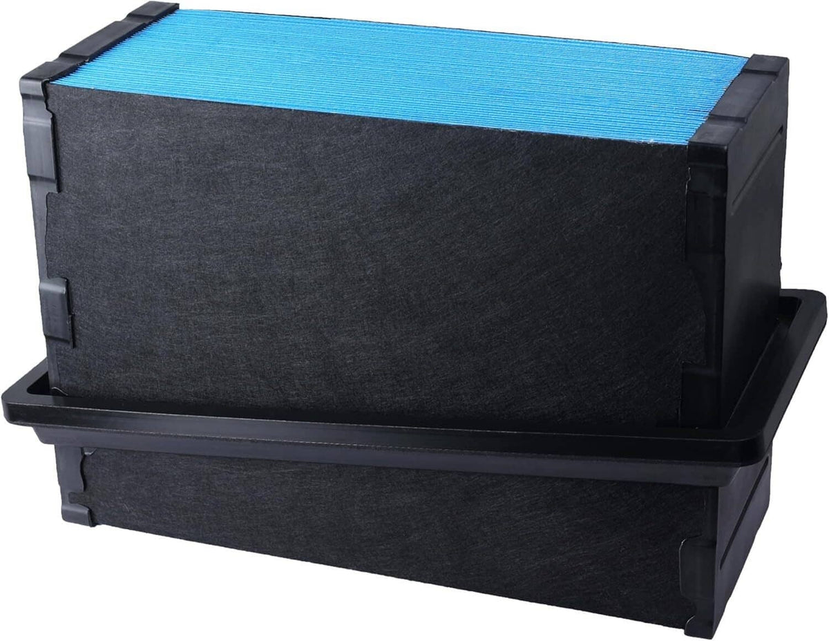 Truck engine air filter, black rectangular housing with blue filter media on top