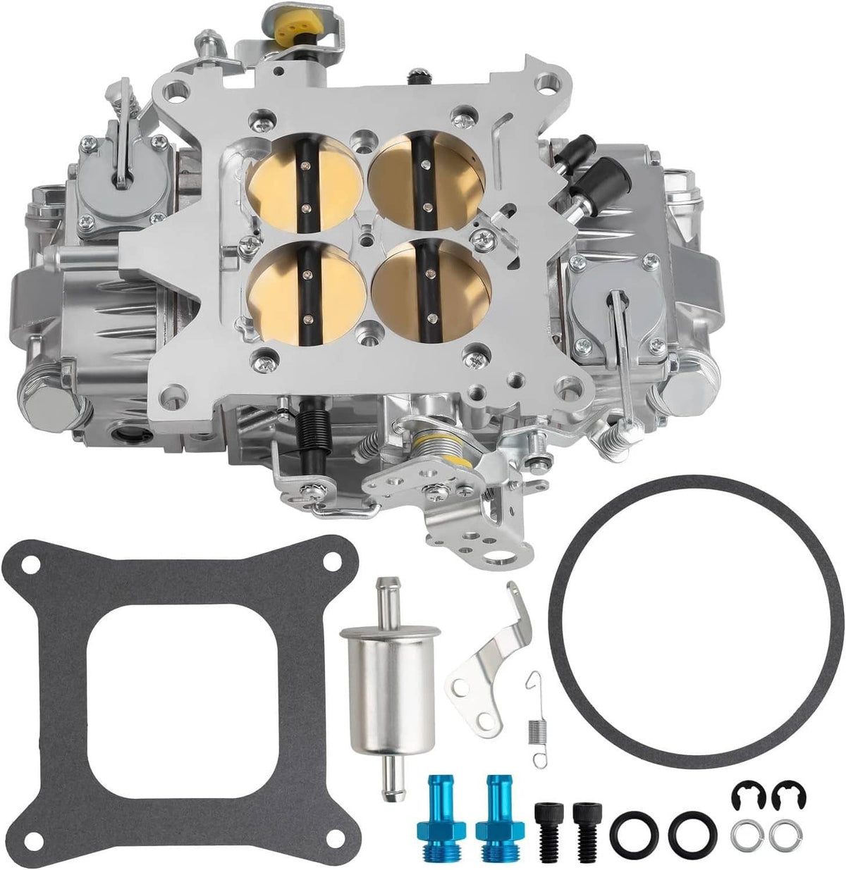 Front-view carburetor with four gold throttle plates, black square gasket, round gasket, and blue bolts.