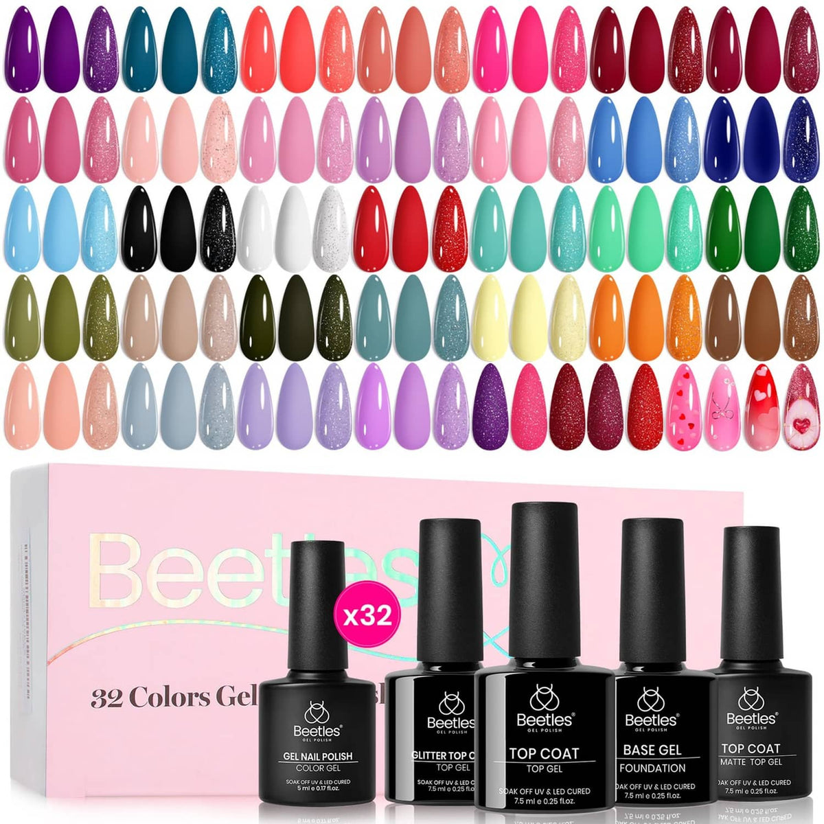 Summer gel polish set with multiple color swatches and black gel bottles