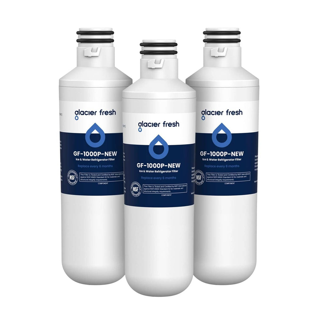 Glacier Fresh water filter cartridges, three-pack, white bottles with blue label