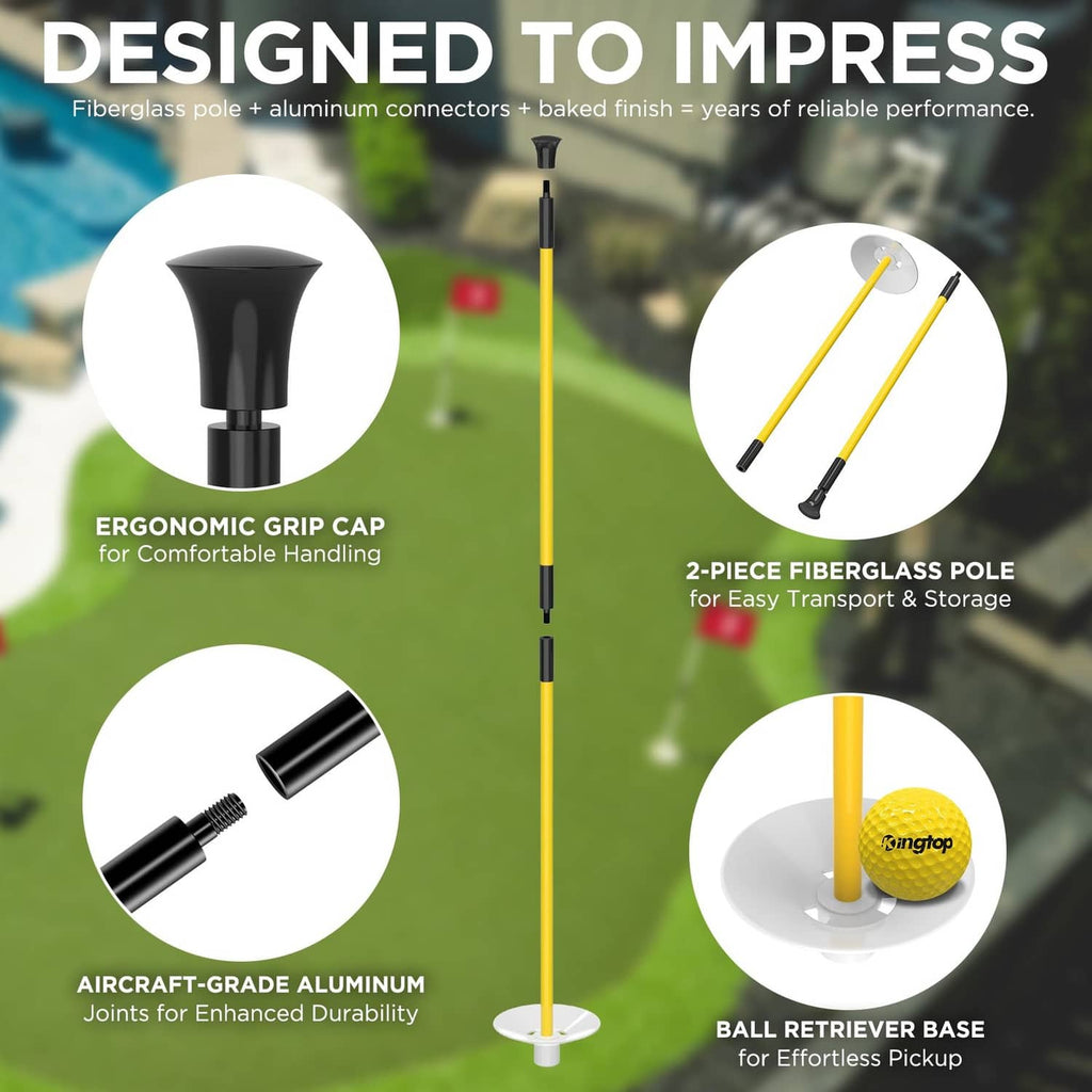 Miniature golf flagstick components: yellow pole with grip cap and retrieval base