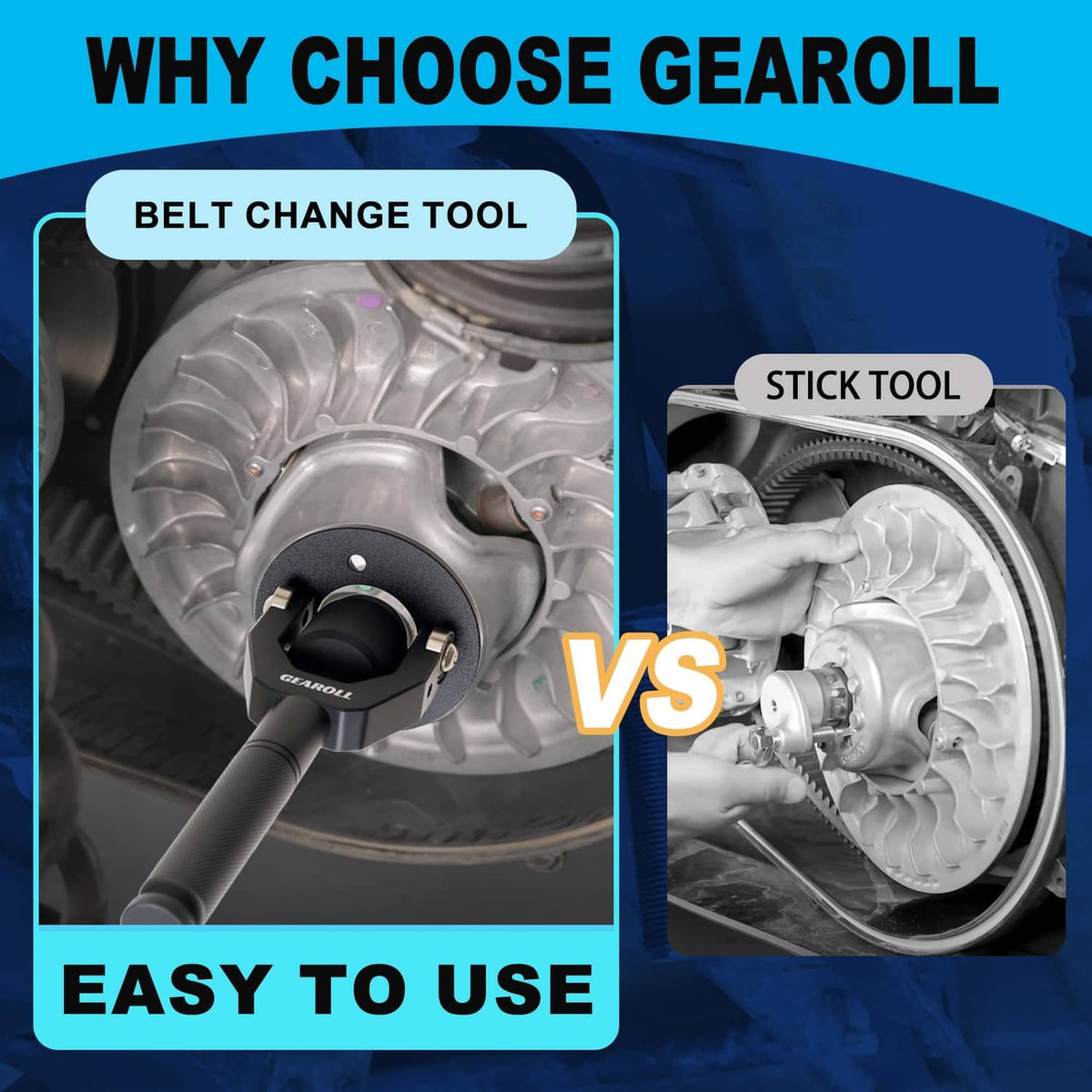 GEAROLL belt changing tool vs stick tool, easy-to-use design