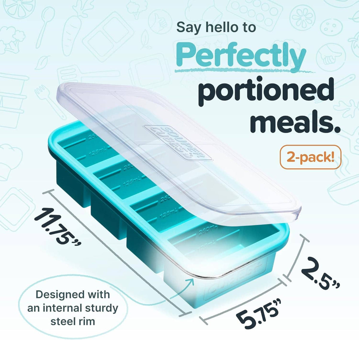 Aqua silicone freezer mold with clear lid, long 1-cup portion tray.