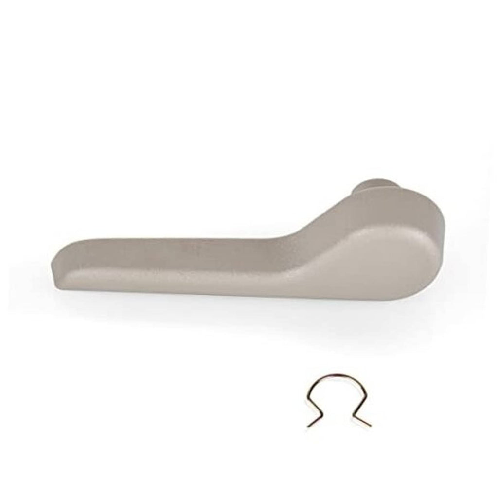 Gray seat recliner adjustment lever handle, front left driver side, curved grip.
