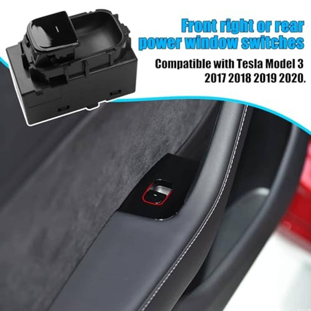 Power window switch with red border rocker and black switch bezel on door armrest
