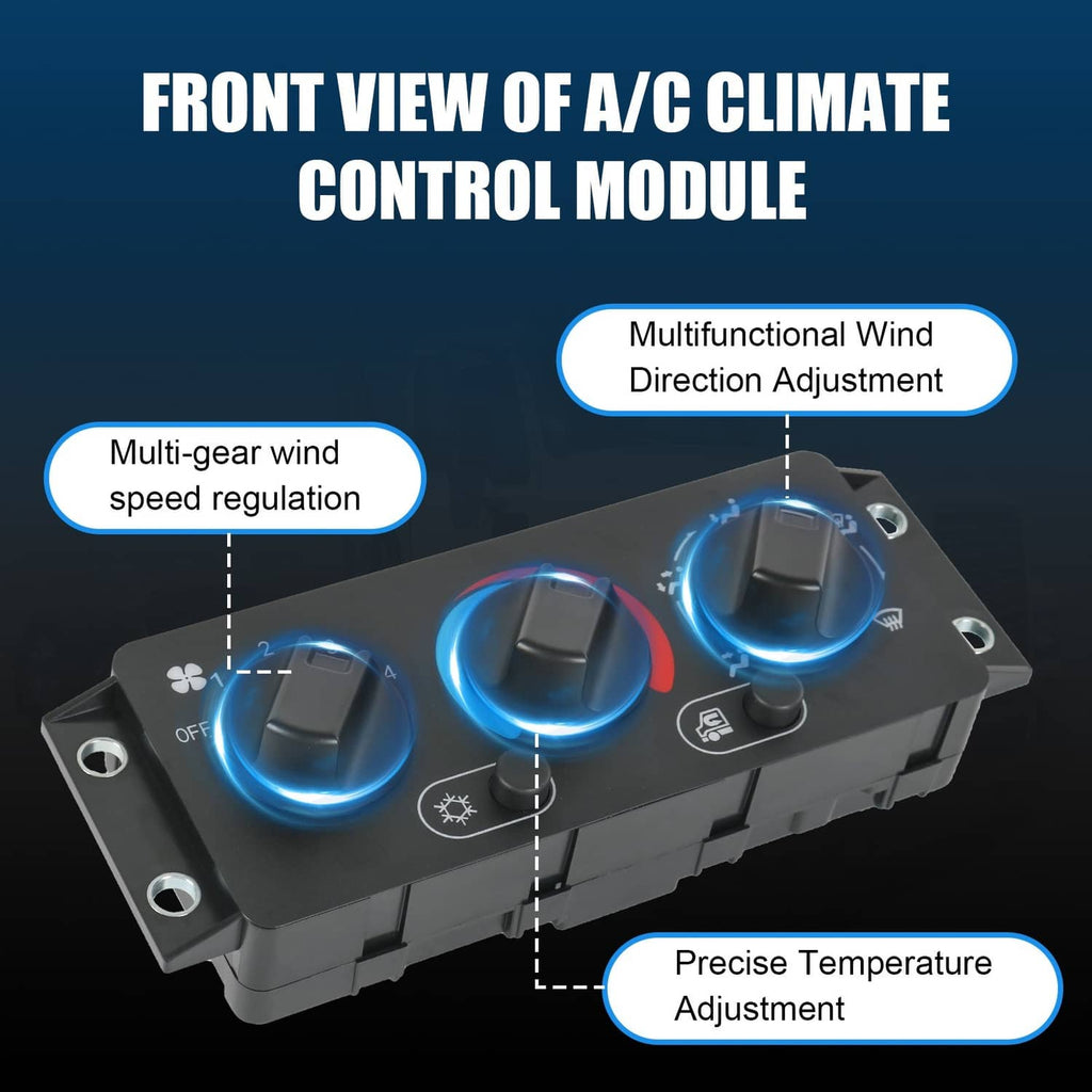 A/C climate control module with three dial controls and blue/red accent ring on center knob