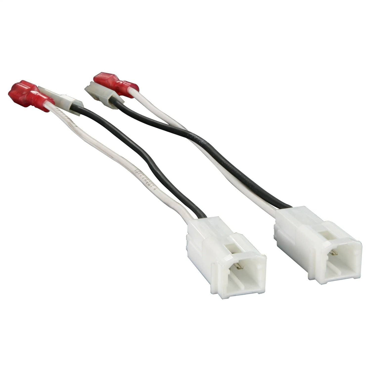 Speaker connector harness pair with white plastic sockets and red/black/white wires