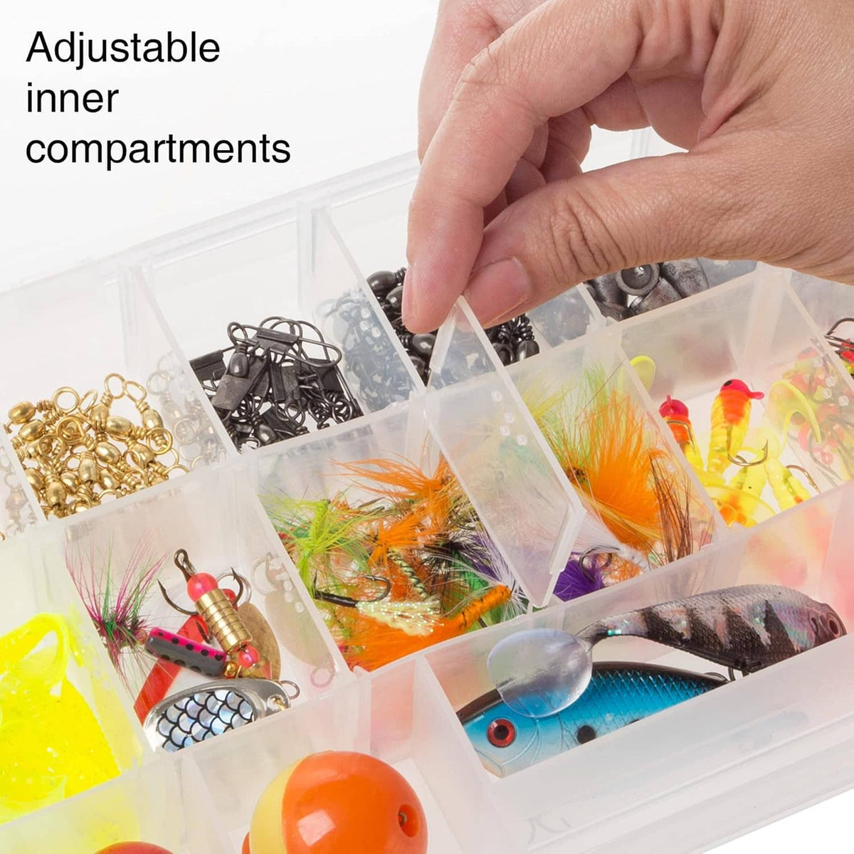 Tool storage box with clear inner compartments and removable small organizers