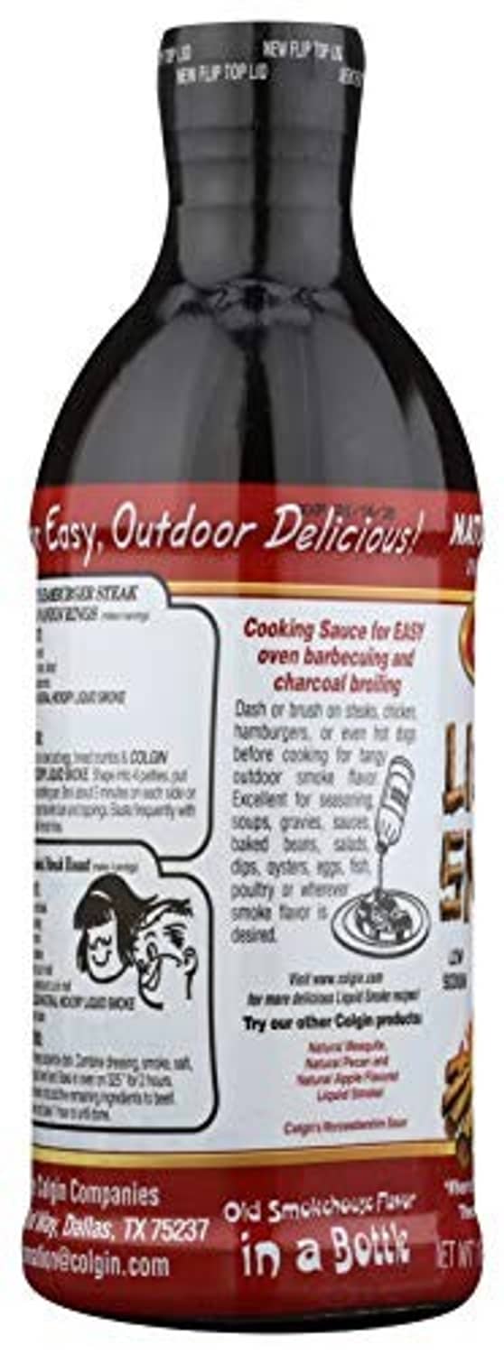 Colgin Liquid Smoke bottle back label with cooking directions and small animal icon graphic.