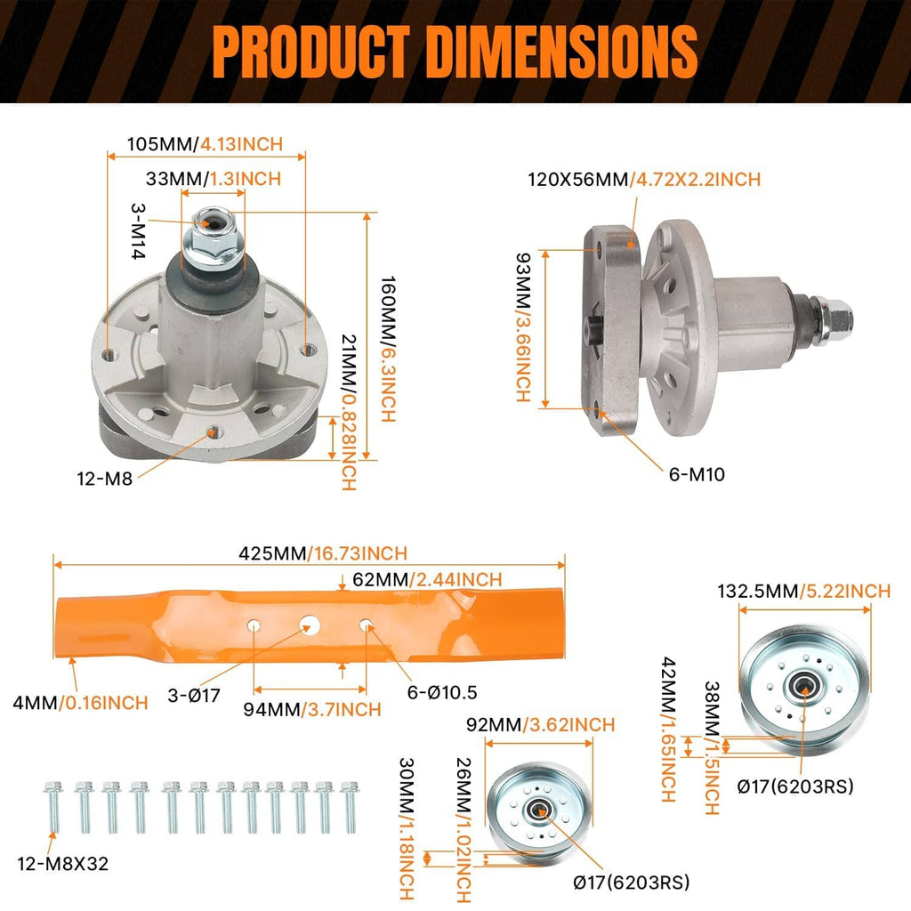 Mower deck rebuild kit: pulley housing and orange blade bars with bolt hardware