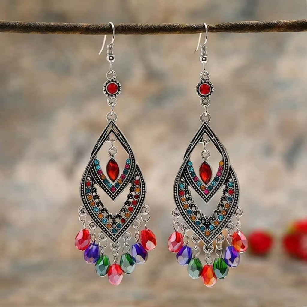 Pair of dangling earrings with red and multicolor faceted glass teardrop beads