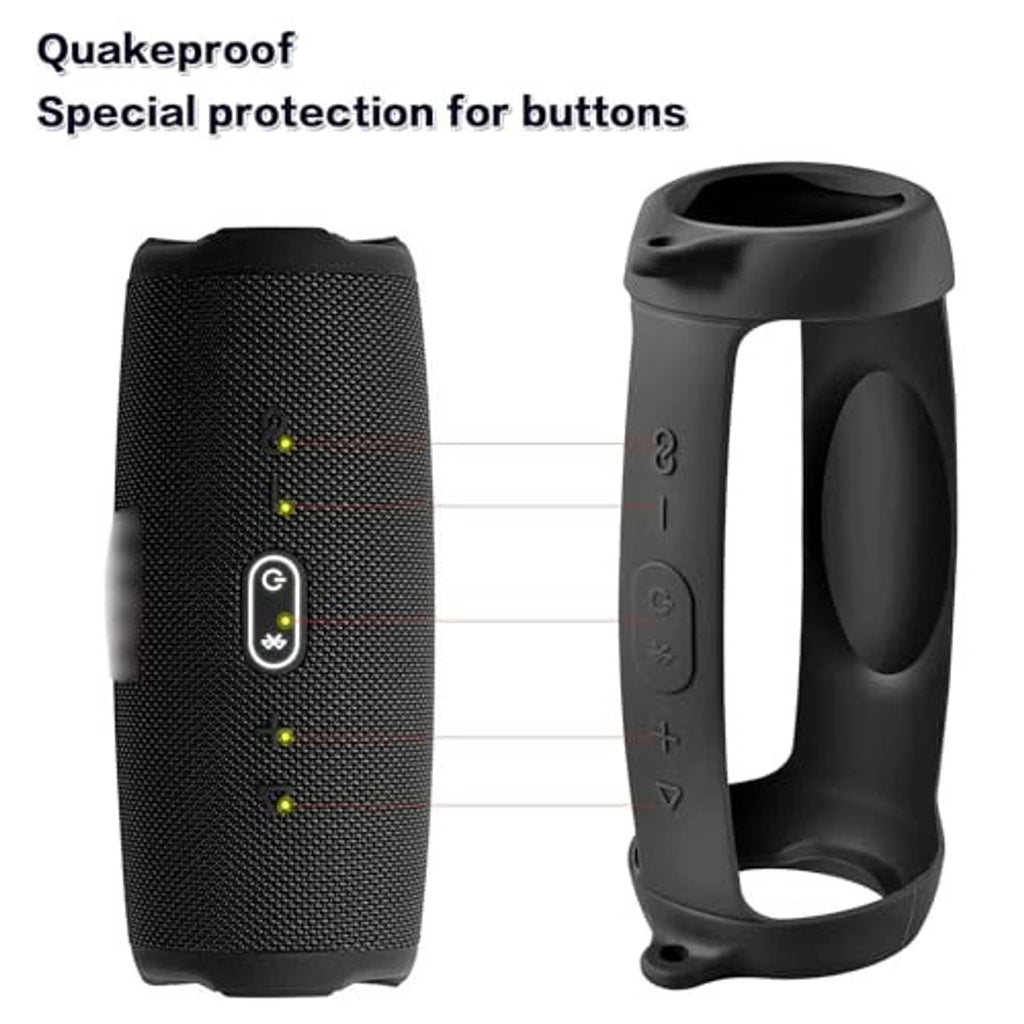 Black silicone speaker case cover with button panel openings and handle