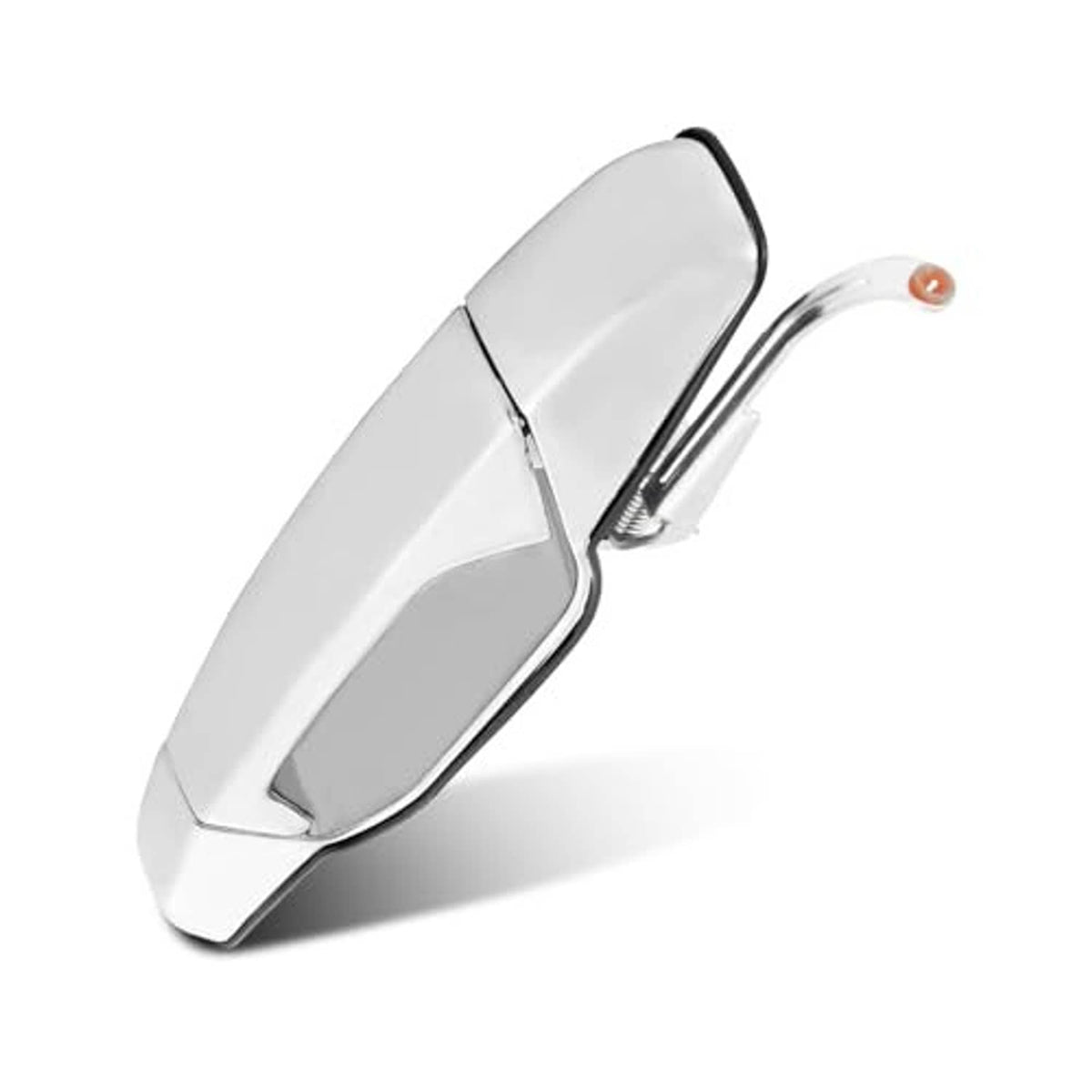 Rear right exterior door handle, white body with chrome lever and small orange pin